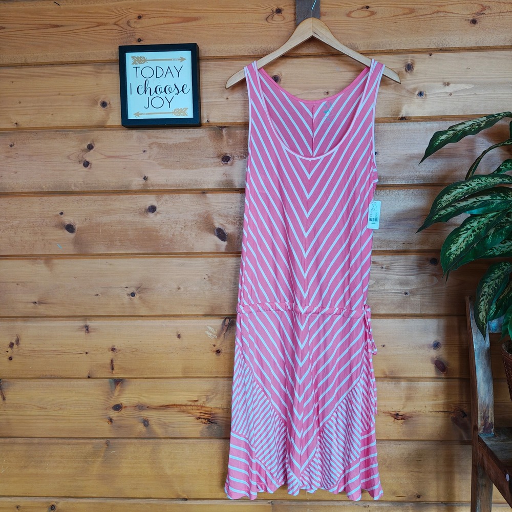 New York & Company NWT 2596 Pink Drop Waist Chevron Stripe Dress Stretch Size L